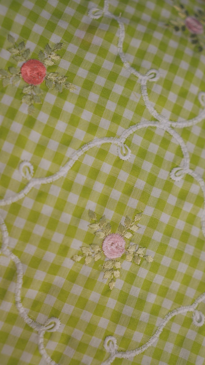 Cotton Check Material  Yellow Green TRF3561