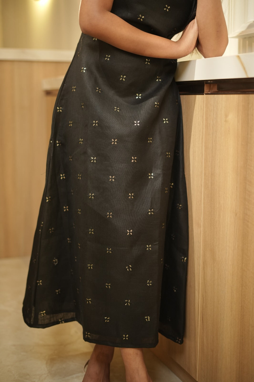 Black Linen Straight Dress TKTA1040