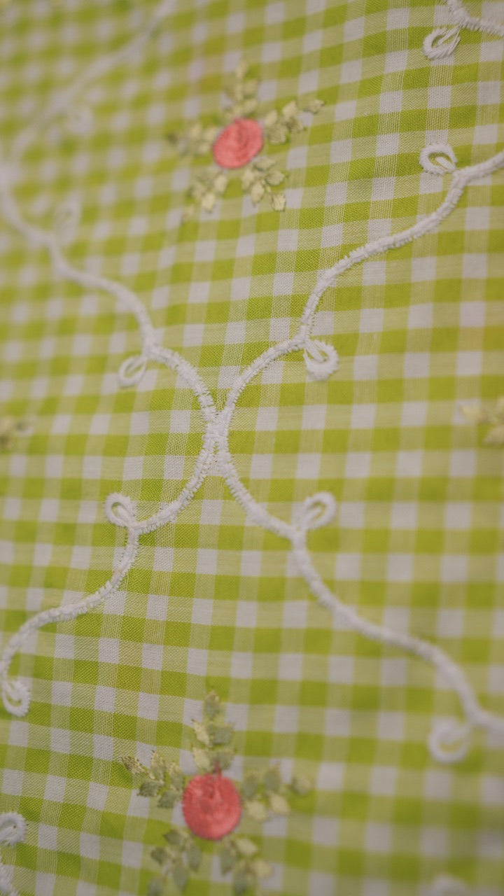 Cotton Check Material  Yellow Green TRF3561