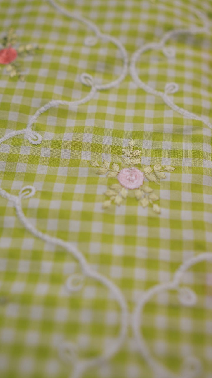 Cotton Check Material  Yellow Green TRF3561