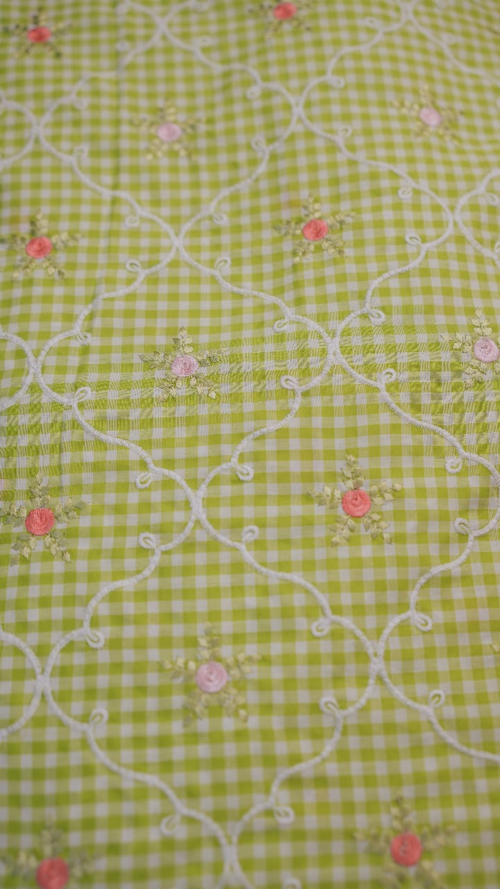 Cotton Check Material  Yellow Green TRF3561